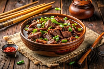 A delicious, slow-cooked Chinese-inspired beef chow dish, garnished with green onions, served steaming hot in a traditional ceramic bowl on a rustic wooden table.