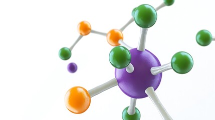 abstract molecule structure with protons, green and orange segments, purple spheres on white backgro