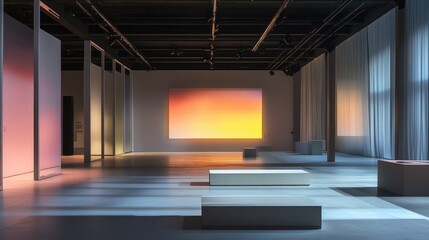 Poster - A contemporary art installation in an empty exhibition space, with dramatic lighting and no visitors present.