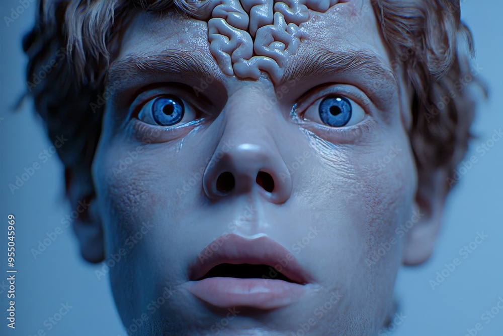 Man Realization Social neurobiology Higher order thinking Shocked young man with brain ...