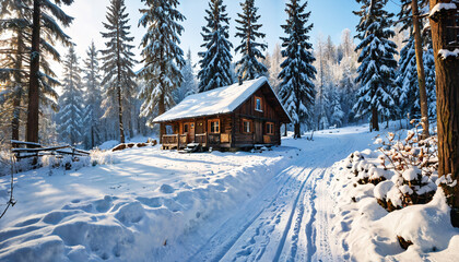 Poster - Chalet en bois dans une forêt enneigée