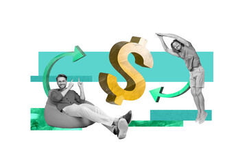 Poster - Composite collage picture image of two together young man coworkers colleagues dollar sign symbol arrow entrepreneur professional