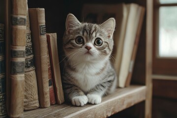 Poster - Curious Kitten Peeking from Behind Books on a Shelf