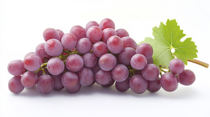 Wall Mural - A cluster of fresh, ripe grapes with green leaves, displayed against a white background.