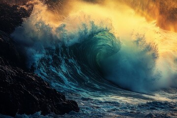 A dramatic shot of a large wave crashing against a rocky shore