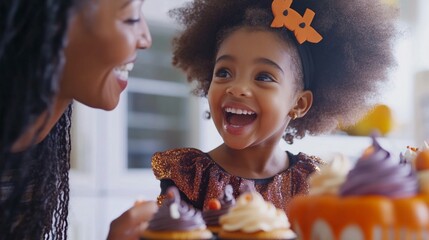 Joyful little girl with curly hair and bright smile celebrates with colorful cupcakes, sharing a heartwarming moment of pure happiness and excitement.