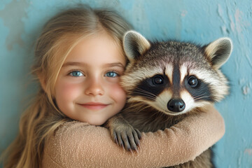 Wall Mural - A young girl hugging a wild raccoon that is curiously looking up at her, isolated on a pastel blue background,