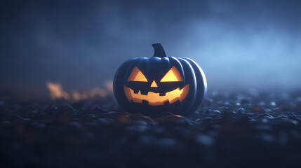 Halloween-themed background featuring a single glowing jack-o'-lantern in the center, surrounded by dark, blurred shadows, creating a spooky and atmospheric setting perfect for Halloween celebrations 