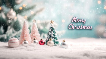 Wall Mural - festive miniature christmas scene with pink and green trees, ornaments, and snow, creating a magical