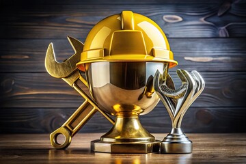 a gleaming golden trophy with a protective helmet and wrench on top, symbolizing recognition for out