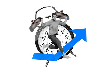 Poster - Artwork collage of excited black white colors mini guy raise fists big bell ring clock growing arrow upwards isolated on paper orange background