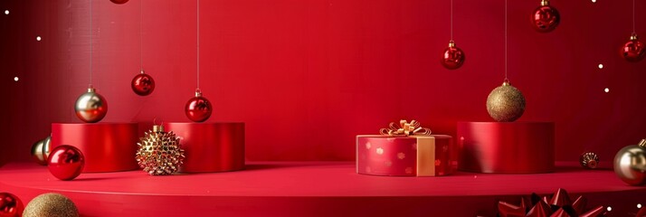 Festive red and gold Christmas scene with shiny ornaments, gift boxes, and decorative elements on a vibrant red background, creating a luxurious holiday atmosphere.