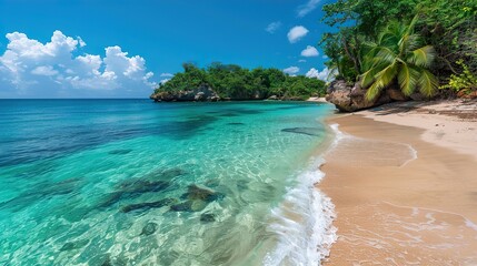 Wall Mural - A picturesque tropical beach with crystal-clear turquoise water, white sand, and lush vegetation.