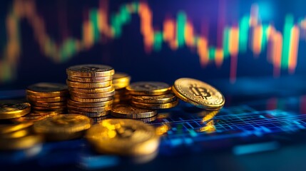 Financial Growth Illuminated: Gold Coins on Candlestick Chart | High-Res Stock Photo in Deep Blue Background