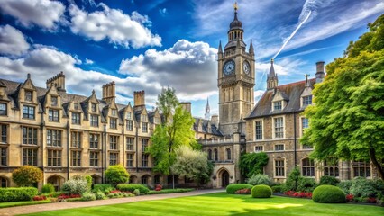 Historic university campus building with iconic clock tower and beautiful stone architecture surrounded by lush greenery in the heart of bustling London city.