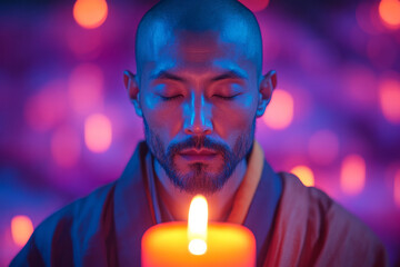 Poster - A monk meditating in front of a single lit candle, eyes closed in deep contemplation, isolated on a pastel lavender background,