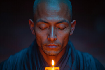 Poster - A monk meditating in front of a single lit candle, eyes closed in deep contemplation, isolated on a pastel lavender background,