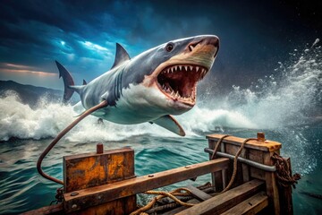 A menacing great white shark breaches the ocean's surface, jaws open wide, as a rusty old saw sinks slowly into the dark blue waters beneath.