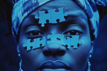 Sticker - Brainwave synchronization Neural pathways Woman with puzzle pieces integrated into her face symbolizing the complex interplay of identity and cultural heritage in a deep expressive composition