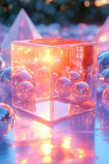 Poster - A glowing red cube casting reflections on a cluster of polished metallic spheres and sharp-edged pyramids, isolated on a pastel lavender background,