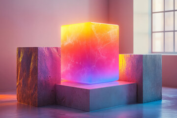 Poster - A softly illuminated cube with a rainbow gradient surrounded by rough, textured geometric blocks, isolated on a pastel beige background,