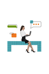Poster - Collage 3d sketch of successful professional lady using modern wireless netbook sending letters email isolated on drawing background