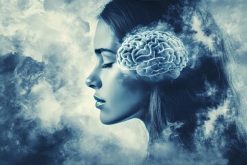 Poster - Social bonding Cognitive science Womans profile with a cloudy brain overlay symbolizing the introspective nature of thoughts and the fluidity of memory in a dreamlike misty environment