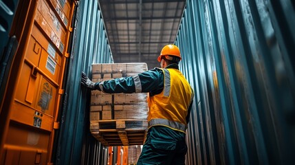 A warehouse worker carefully inspecting a wooden pallet for any signs of damage, surrounded by stacks of boxes and industrial lighting, focused on safety