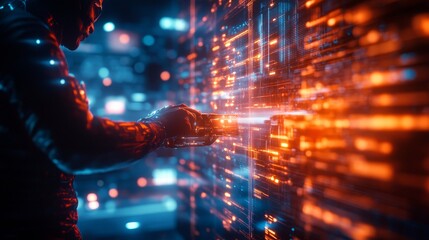 A worker in a sci-fi setting, using holographic straps to secure a pallet, with digital displays and AI-driven robots assisting in the background. Sci-fi, High contrast, Concept art.--style raw