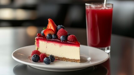 A slice of cheesecake topped with fresh berries and a glass of red juice.