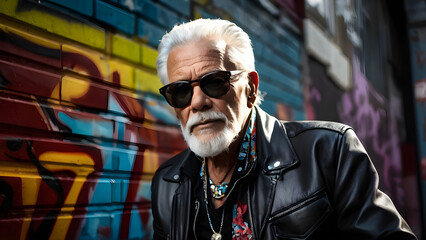 serious stylish elderly mexican man in sunglasses in black leather jacket in colorful clothes on street against graffiti wall background, gray hair and beard, old age, 60 70 years, elegant, fashion