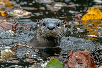 Wall Mural - River Otter Emerging from Water with Autumn Leaves