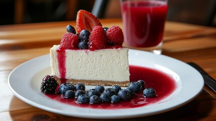 A slice of cheesecake topped with fresh berries and a red sauce on a white plate.