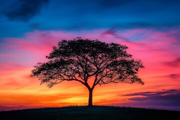 Wall Mural - A high-contrast silhouette of a lone tree standing against a vibrant sunset, with bold colors blending in the sky. 