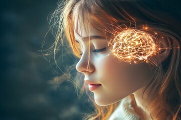 Sticker - Intersubjectivity Cognitive science Young woman with a glowing brain symbolizing the brilliance of thought and the energy of imagination in a soft dreamlike environment