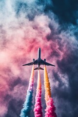 Wall Mural - A jet flying in the sky releasing coloroful smokes in abstract pattern, the concept of unleashing creativity