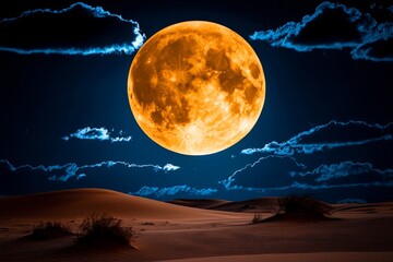 a stunning orange moon illuminates the night sky over tranquil sand dunes, creating a serene and cap