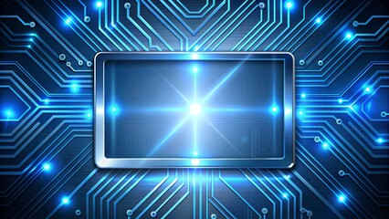 Aufkleber - Minimalist modern background featuring a sleek silver rectangle with glowing blue circuit board graphics and futuristic tech patterns, ideal for innovative designs.