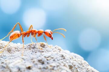 Close-up of a vibrant red ant walking on a rocky surface, showcasing intricate details and a blurred background for artistic effect.