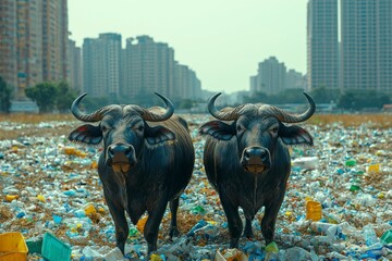 two water buffalo standing in a field of plastic waste