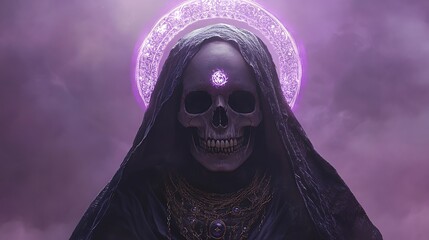 Wall Mural - Divine Skull - Illustration of Skull with Shimmering Veil, Black Cloak, Violet Halo, and Intricate Necklace