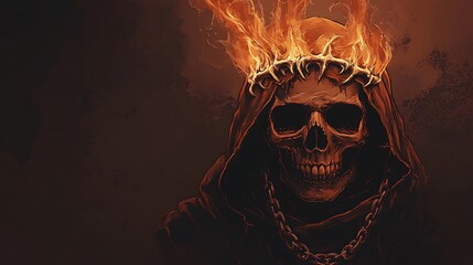 Fiery Skull King - Illustration of a skull wearing a flame crown, dark brown hood, fiery halo, and bone chain accessories.