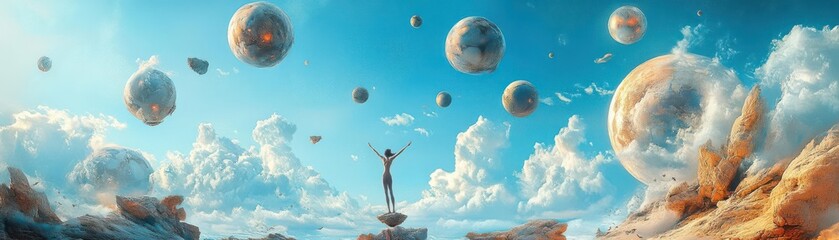 Surreal landscape with floating orbs and a woman standing on a rock.