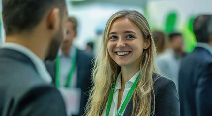 Wall Mural - Professional converses colleague during corporate networking event, sharing insights forming valuable connections. Event atmosphere highlights Green concept.