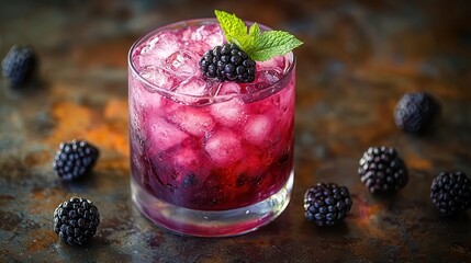 Refreshing Blackberry Bramble Cocktail with Fresh Berries and Mint on Crushed Ice in Lowball Glass