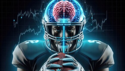 A creative illustration of a football player with a glowing brain, symbolizing the intersection of sports, technology, and analytics. Perfect for sports innovation and marketing.