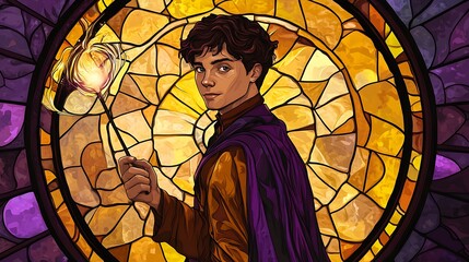 Wall Mural - Mystical Young Magician in Stained Glass Style Portrait Holding Wand in Circular Frame with Yellow and Purple Palette