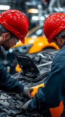 automotive technicians inspecting engine components in modern car manufacturing facility.