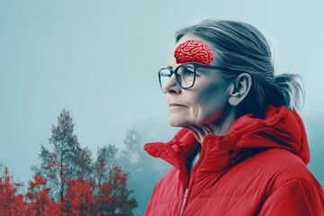 Poster - Emotional contagion Synaptic connection Woman in red jacket with a glowing brain symbolizing the warmth of insight and the dynamic nature of ideas in a crisp outdoor environment