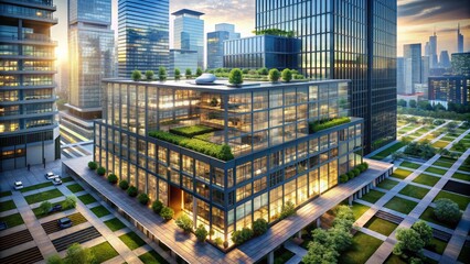 Modern office building exterior with sleek glass façade and rooftop garden, surrounded by bustling city streets and towering skyscrapers in an isometric view.